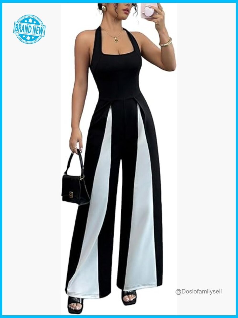 Elegant Color Block Halter Romper Summer Tie Backless Wide Leg Evening Party